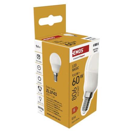 EMOS LED žárovka Basic Mini Globe / E14 / 9,4 W (60 W) / 806 lm / neutrální bílá ZL1F43