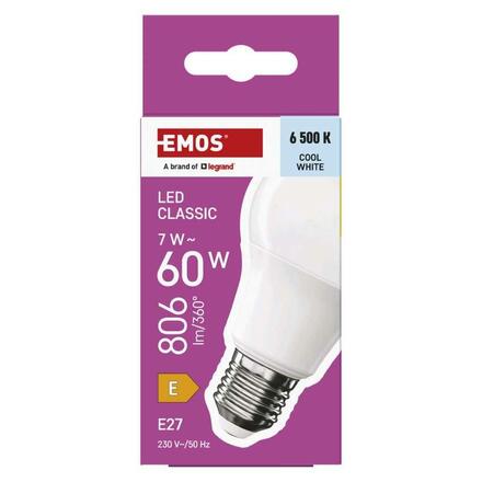 EMOS LED žárovka Classic A60 / E27 / 7 W (60 W) / 806 lm / Studená bílá ZQ5E44