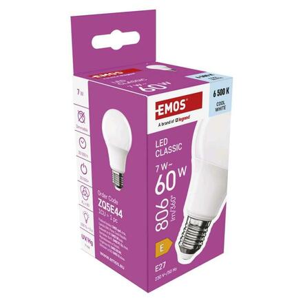 EMOS LED žárovka Classic A60 / E27 / 7 W (60 W) / 806 lm / Studená bílá ZQ5E44