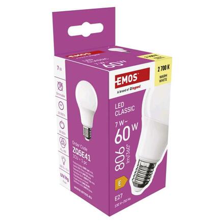 EMOS LED žárovka Classic A60 / E27 / 7 W (60 W) / 806 lm / teplá bílá ZQ5E41