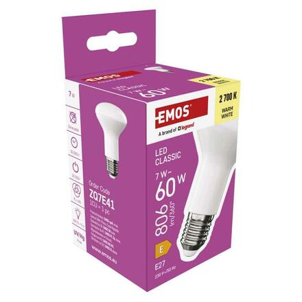 EMOS LED žárovka Classic R63 / E27 / 7 W  (60 W) / 806 lm / teplá bílá ZQ7E41