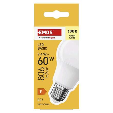 EMOS LED žárovka Basic A60 / E27 / 9,4 W (60 W) / 806 lm / teplá bílá ZL5F42