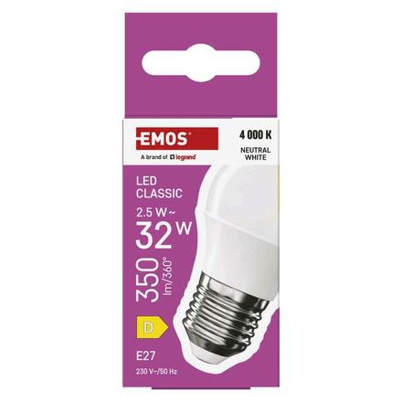 EMOS LED žárovka Classic Mini Globe / E27 / 2,5 W (32 W) / 350 lm / neutrální bílá ZQ6D13