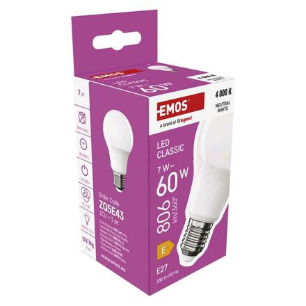 EMOS LED žárovka Classic A60 / E27 / 7 W (60 W) / 806 lm / Neutrální bílá ZQ5E43