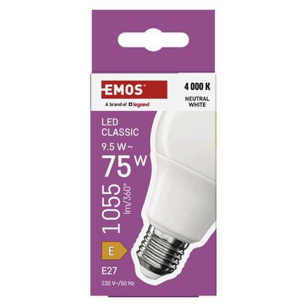 EMOS LED žárovka Classic A60 / E27 / 9,5 W (75 W) / 1055 lm / Neutrální bílá ZQ5E53