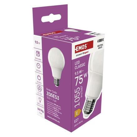 EMOS LED žárovka Classic A60 / E27 / 9,5 W (75 W) / 1055 lm / Neutrální bílá ZQ5E53