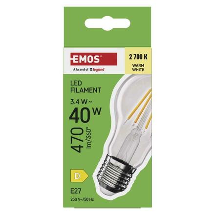 EMOS LED žárovka Filament A60 / E27 / 3,4 W (40 W) / 470 lm / teplá bílá ZF5D22