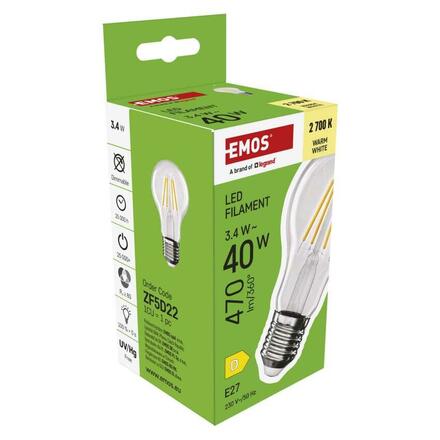 EMOS LED žárovka Filament A60 / E27 / 3,4 W (40 W) / 470 lm / teplá bílá ZF5D22