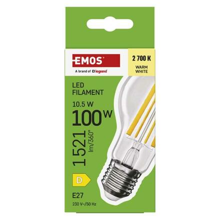 EMOS LED žárovka Filament A60 / E27 / 10,5 W (100 W) / 1521 lm / teplá bílá ZF5D62