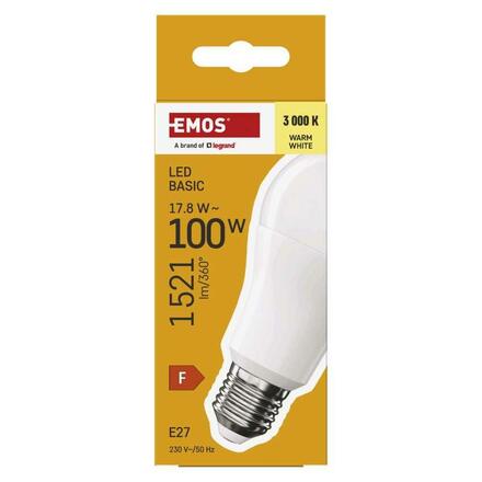 EMOS LED žárovka Basic A60 / E27 / 17,8 W (100 W) / 1521 lm / teplá bílá ZL5F62