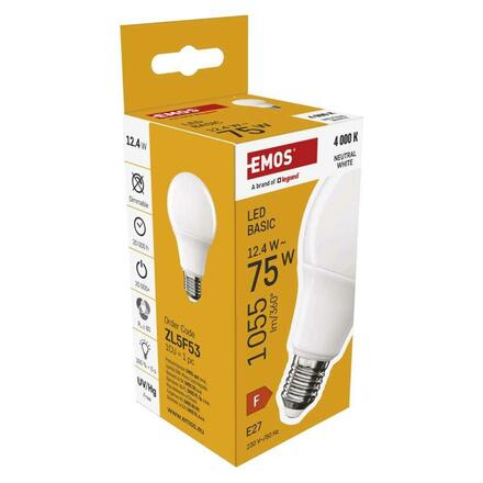 EMOS LED žárovka Basic A60 / E27 / 12,4 W (75 W) / 1055 lm / neutrální bílá ZL5F53