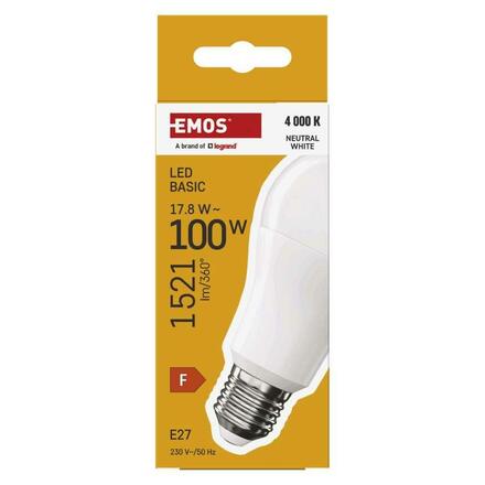 EMOS LED žárovka Basic A60 / E27 / 17,8 W (100 W) / 1521 lm / neutrální bílá ZL5F63