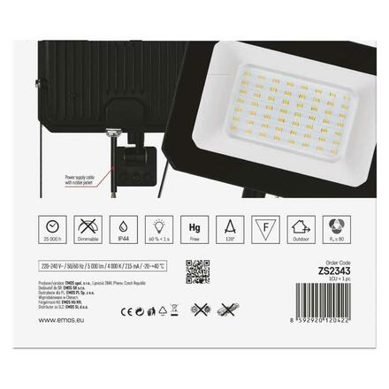 EMOS LED reflektor SIMPO s pohybovým čidlem, 50 W, černý, neutrální bílá ZS2343