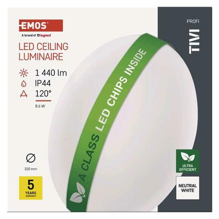 EMOS LED přisazené svítidlo TIVI, A CLASS, kruhové bílé 8,6W, IP44, neutrální bílá ZM3406