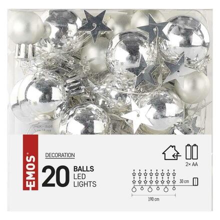 EMOS LED vánoční girlanda, stříbrné koule s hvězdami 1,9 m, 2x AA, vnitřní, teplá bílá, časovač DCGW10