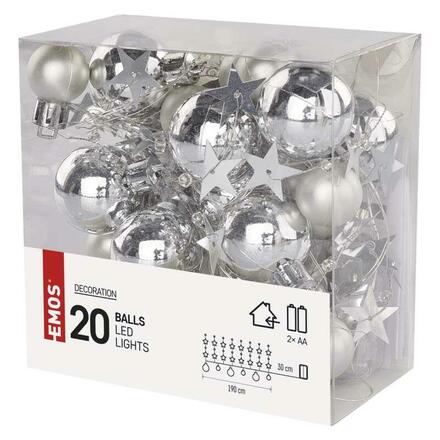 EMOS LED vánoční girlanda, stříbrné koule s hvězdami 1,9 m, 2x AA, vnitřní, teplá bílá, časovač DCGW10