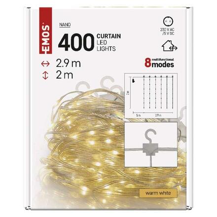 EMOS LED vánoční nano řetěz – záclona, 2,9x2 m, venkovní i vnitřní, teplá bílá, programy D3EW04