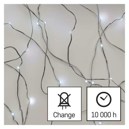 EMOS LED vánoční nano řetěz stříbrný, 10 m, venkovní i vnitřní, studená bílá, časovač D3AC01