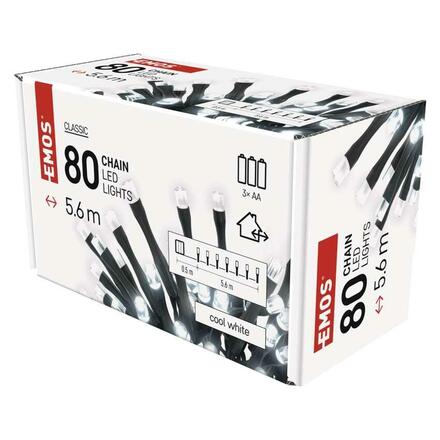 EMOS LED vánoční řetěz, 5,6 m, 3x AA, venkovní i vnitřní, studená bílá, časovač D4FC02