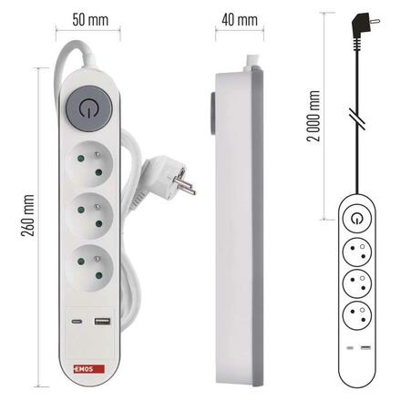 EMOS Prodlužovací kabel 2 m / 3 zásuvky / s vypínačem / bílý / 1×USB-A + 1×USB-C / 1,5 mm2 P1312PD