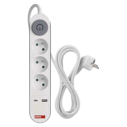 EMOS Prodlužovací kabel 2 m / 3 zásuvky / s vypínačem / bílý / 1×USB-A + 1×USB-C / 1,5 mm2 P1312PD