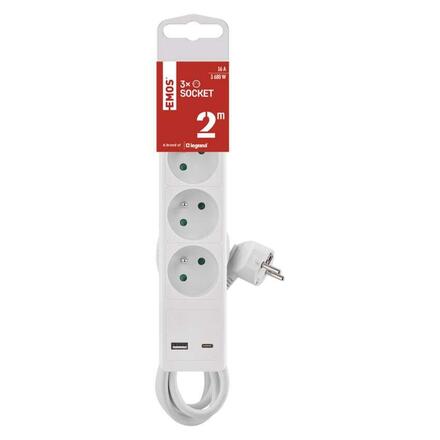 EMOS Prodlužovací kabel 2 m / 3 zásuvky / s vypínačem / bílý / 1×USB-A + 1×USB-C / 1,5 mm2 P1312CU