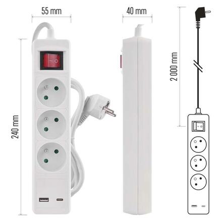 EMOS Prodlužovací kabel 2 m / 3 zásuvky / s vypínačem / bílý / 1×USB-A + 1×USB-C / 1,5 mm2 P1312CU