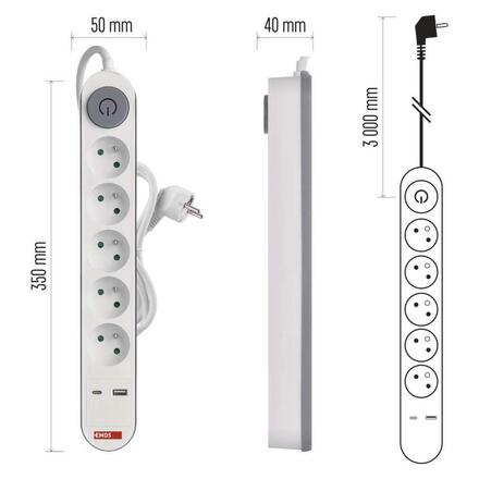 EMOS Prodlužovací kabel 3 m / 5 zásuvky / s vypínačem / bílý / 1×USB-A + 1×USB-C / 1,5 mm2 P1513PD