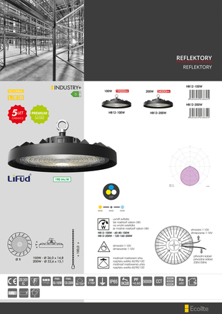 Ecolite Highbay 200W 38000lm CCT IP65 60/90/120st. DIM HB12-200W