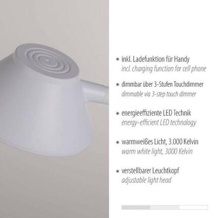 JUST LIGHT LED stolní lampa bílá bezdrátové nabíjení telefonu dotykový stmívač flexibilní otočné 3000K LD 14414-16