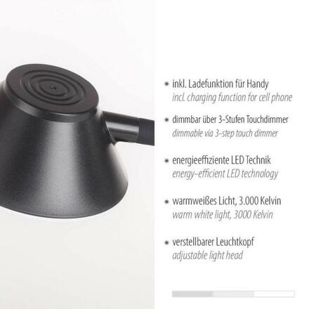 JUST LIGHT LED stolní lampa černá bezdrátové nabíjení telefonu dotykový stmívač nastavitelné 3000K LD 14414-18