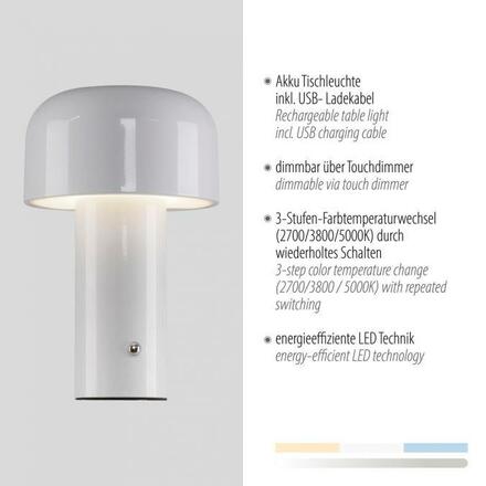 JUST LIGHT LED bateriové stolní svítidlo bílé tvar houby stmívatelné dotykem USB 2700-5000K LD 19190-16