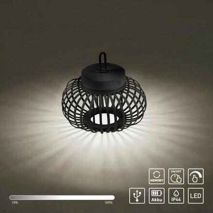 JUST LIGHT LED stolní lampa průměr 25cm černá na baterie USB IP44 stmívatelné dotykem 2700K LD 19303-18