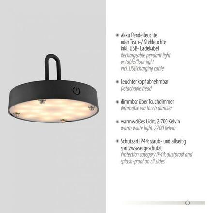 JUST LIGHT LED stolní lampa průměr 25cm černá na baterie USB IP44 stmívatelné dotykem 2700K LD 19303-18