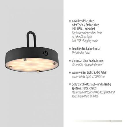 JUST LIGHT LED stolní lampa průměr 36cm černá na baterie USB IP44 stmívatelné dotykem 2700K LD 19304-18