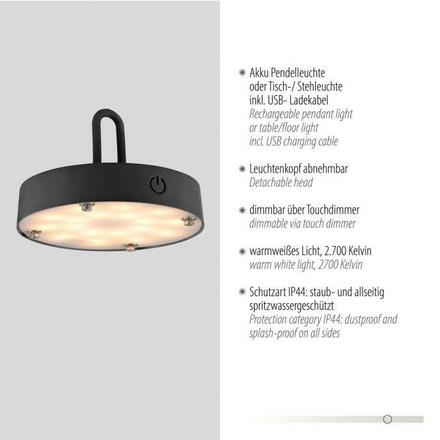 JUST LIGHT LED stolní lampa průměr 46cm černá na baterie USB IP44 stmívatelné dotykem 2700K LD 19305-18