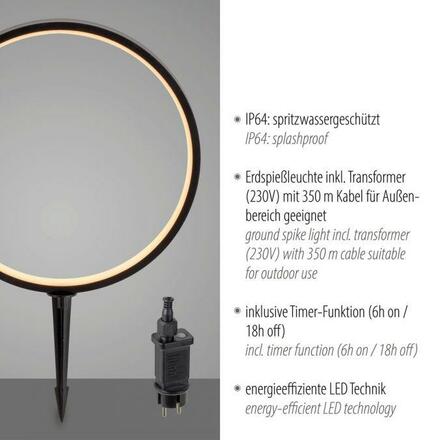 JUST LIGHT LED venkovní svítidlo se zápichem průměr 32cm černá IP65 s časovačem do zahrady 3000K LD 19510-18