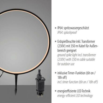 JUST LIGHT LED venkovní svítidlo se zápichem průměr 50cm černá IP65 s časovačem do zahrady 3000K LD 19511-18