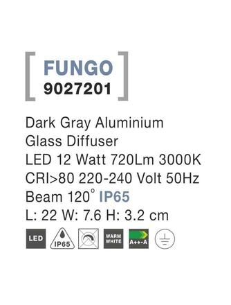 NOVA LUCE venkovní nástěnné svítidlo FUNGO tmavě šedý hliník skleněný difuzor LED 12W 3000K 220-240V 120st. IP65 světlo dolů 9027201