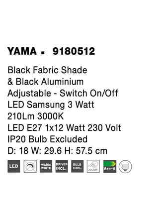 NOVA LUCE nástěnné svítidlo YAMA černé stínidlo a černý hliník nastavitelné - vypínač na těle E27 1x12W 230V IP20 bez žárovky LED Samsung 3W 3000K čtecí lampička 9180512