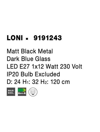 NOVA LUCE závěsné svítidlo LONI matný černý kov tmavě modré sklo E27 1x12W 230V IP20 bez žárovky 9191243