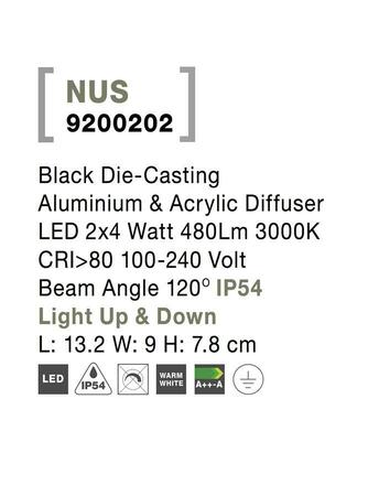 NOVA LUCE venkovní nástěnné svítidlo NUS černý hliník a akrylový difuzor LED 2x4W 3000K 100-240V 120st. IP54 světlo nahoru a dolů 9200202