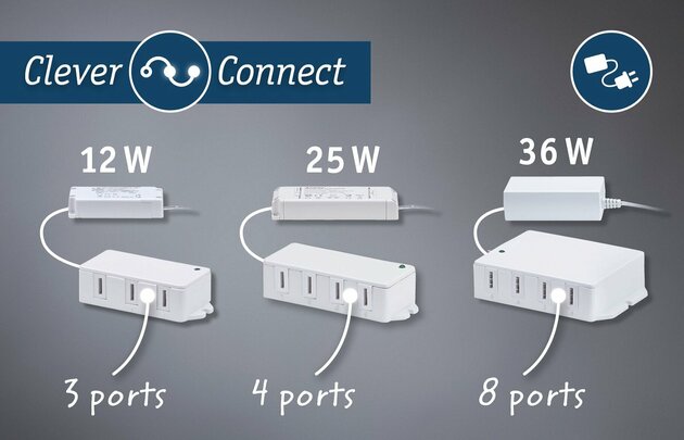 PAULMANN Nábytkové svítidlo Clever Connect trafo max. 36W 12V DC včetně 8-násobného rozbočovače bílá 999.48