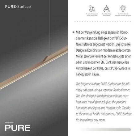 PAUL NEUHAUS Závěsné svítidlo PURE Surface bronz 125x25 nastavitelná výška 3000K PN 2301-97