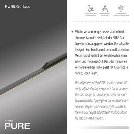 PAUL NEUHAUS Závěsné svítidlo PURE Surface šedá elox 160x25 nastavitelná výška 3000K PN 2302-15