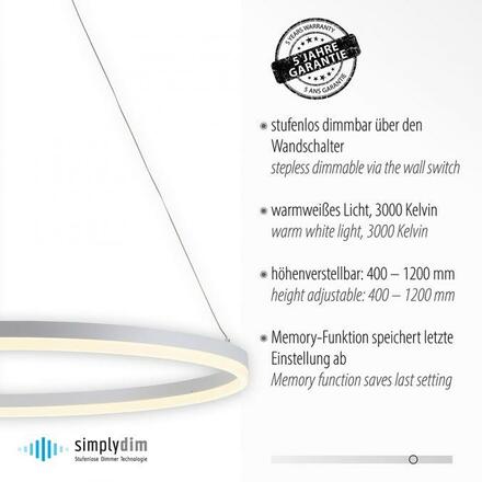 PAUL NEUHAUS LED závěsné svítidlo 80x80 bílá, kruhové, stmívatelné, paměťová funkce, moderní SimplyDim 3000K